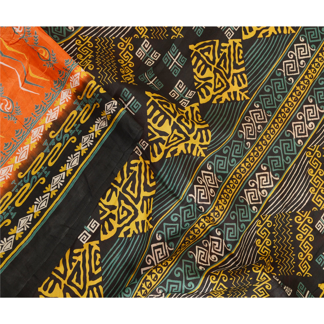 Sanskriti Vintage Sarees Orange Indian 100% Pure Silk Printed Sari Craft Fabric