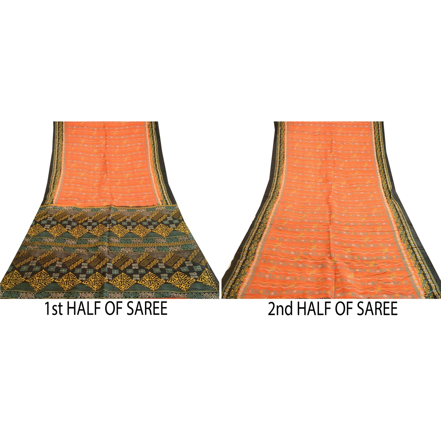 Sanskriti Vintage Sarees Orange Indian 100% Pure Silk Printed Sari Craft Sustainable Fabric