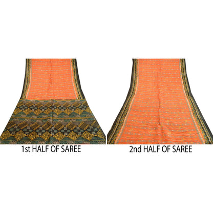 Sanskriti Vintage Sarees Orange Indian 100% Pure Silk Printed Sari Craft Sustainable Fabric