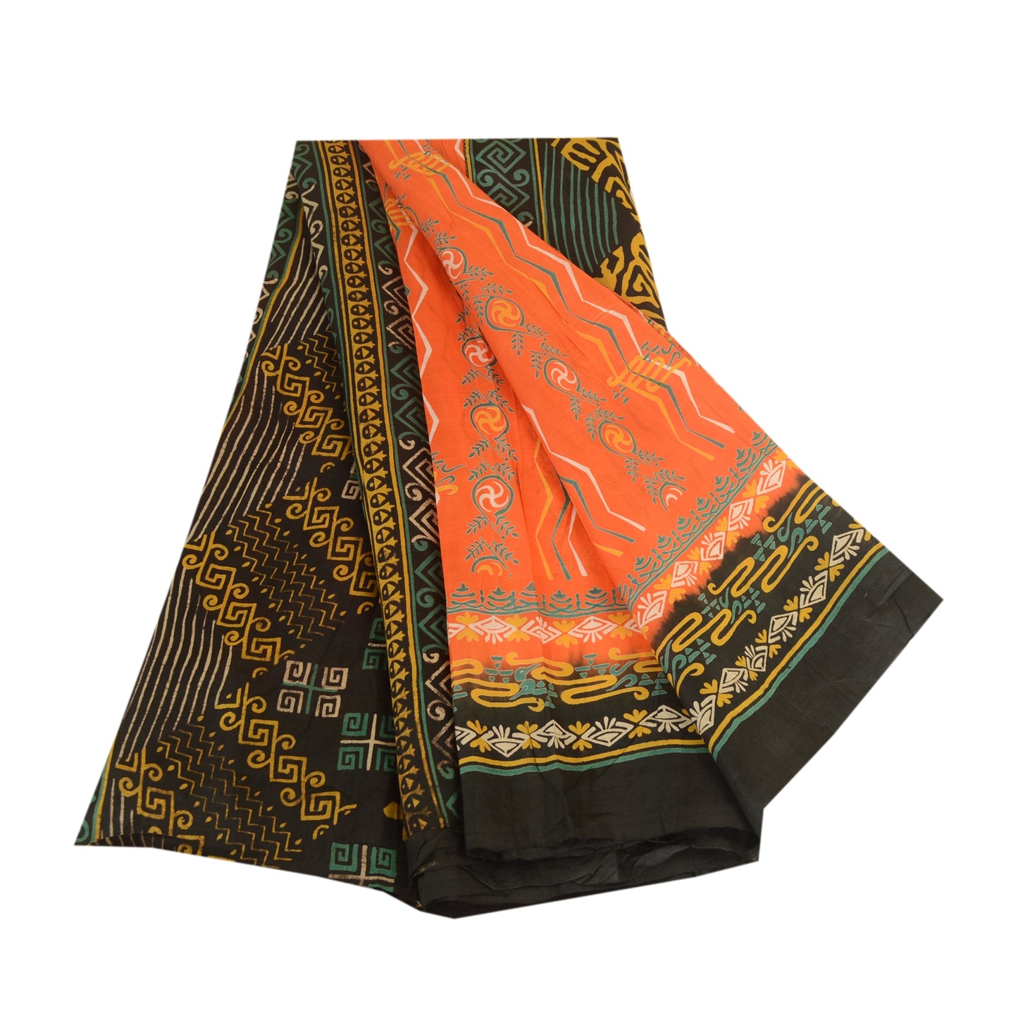 Sanskriti Vintage Sarees Orange Indian 100% Pure Silk Printed Sari Craft Sustainable Fabric