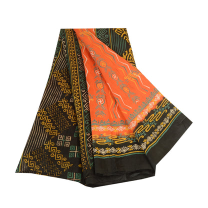 Sanskriti Vintage Sarees Orange Indian 100% Pure Silk Printed Sari Craft Sustainable Fabric