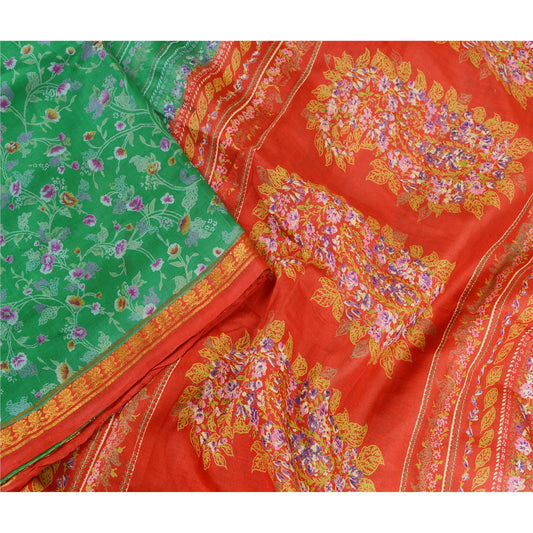 Sanskriti Vintage Sarees Green Zari Border Pure Silk Printed Sari Craft Sustainable Fabric