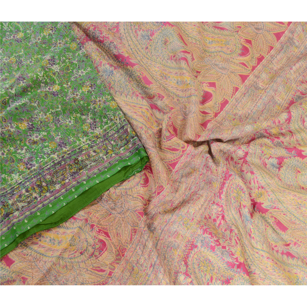 Sanskriti Vintage Sarees Green Blend Silk Printed Sari Floal Soft Craft Fabric