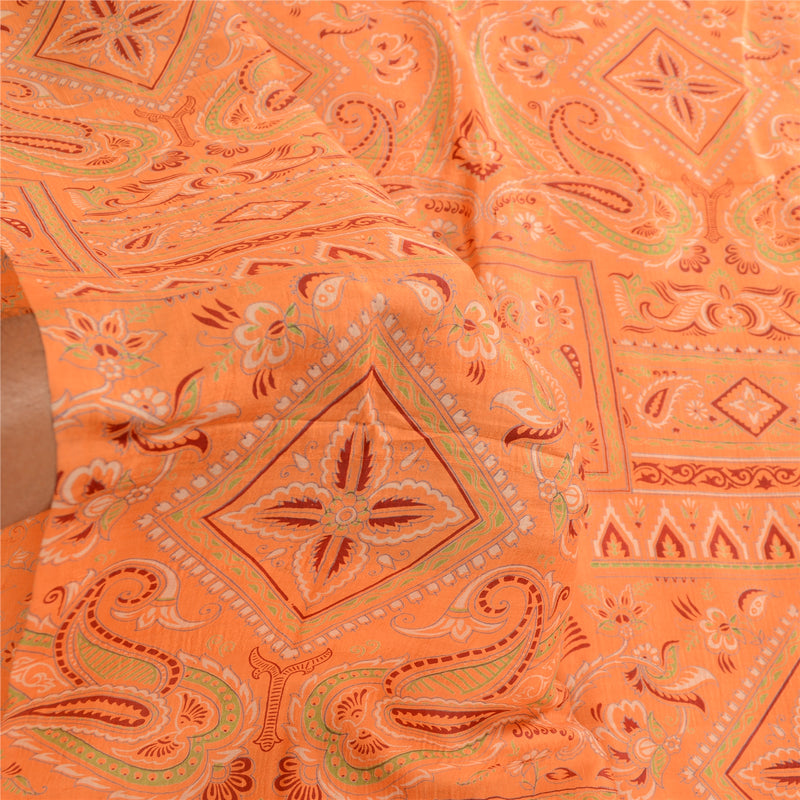 Sanskriti Vintage Sarees Indian Orange 100% Pure Silk Sari Printed Craft Sustainable Fabric