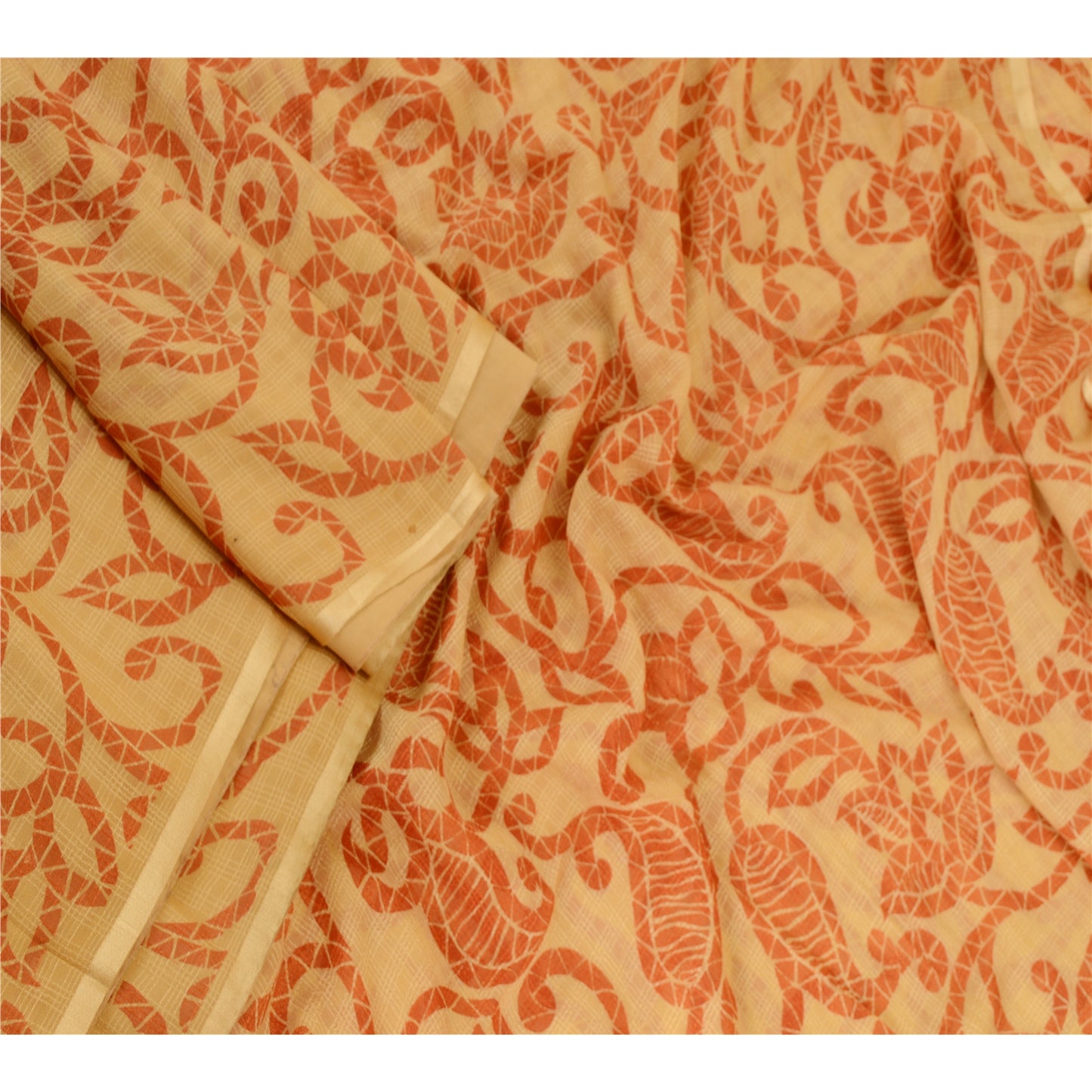Sanskriti Vintage Sarees Beige Kota Doria Pure Silk Printed Sari Craft Sustainable Fabric