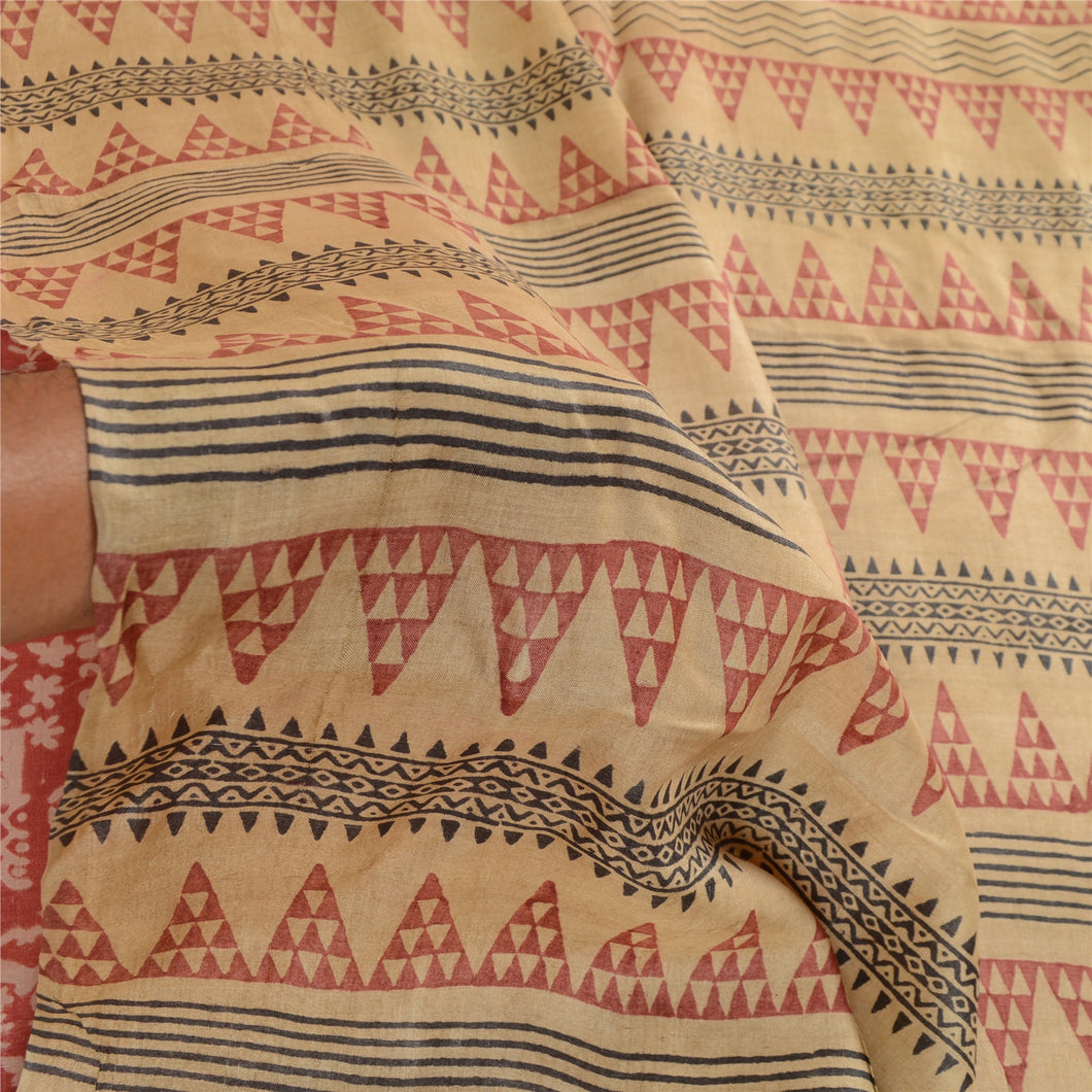 Sanskriti Vintage Sarees Pink Hand Block Printed Pure Silk Sari 5yd Craft Fabric