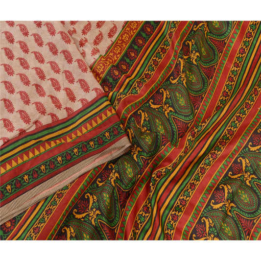 Sanskriti Vintage Sarees Pale Cream Indian Pure Silk Printed Sari Craft Sustainable Fabric