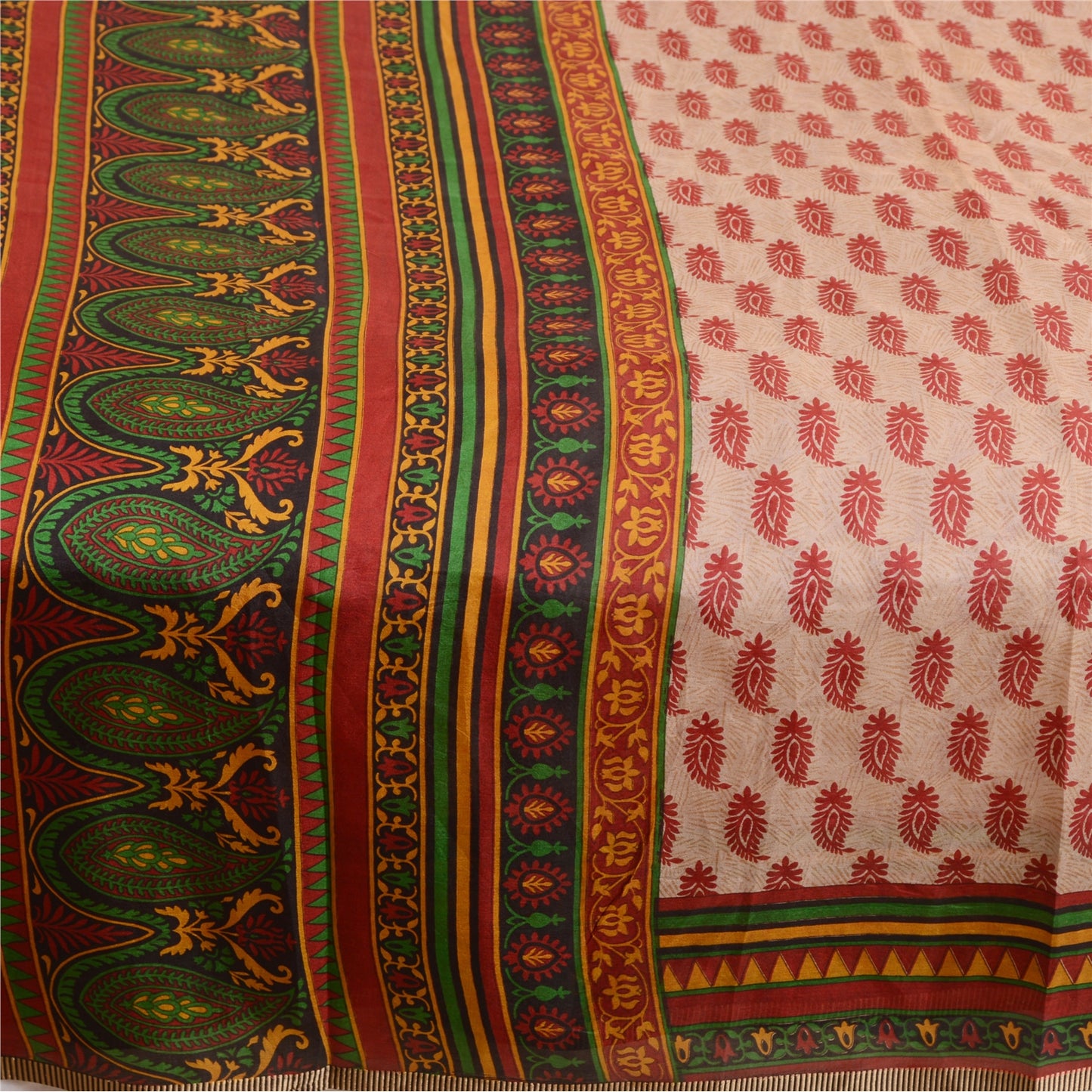 Sanskriti Vintage Sarees Pale Cream Indian Pure Silk Printed Sari Craft Sustainable Fabric