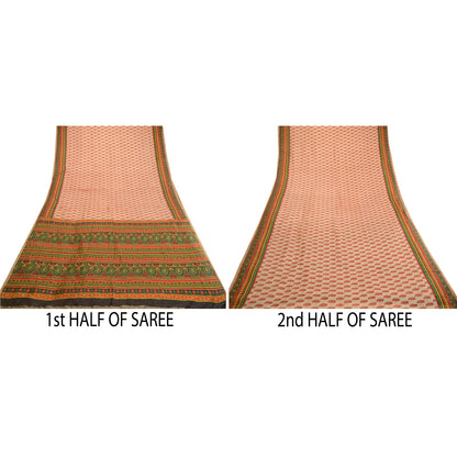 Sanskriti Vintage Sarees Pale Cream Indian Pure Silk Printed Sari Craft Sustainable Fabric