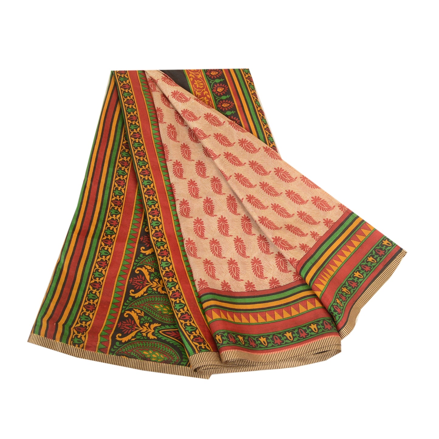 Sanskriti Vintage Sarees Pale Cream Indian Pure Silk Printed Sari Craft Sustainable Fabric