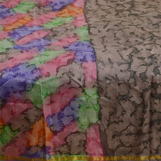 Sanskriti Vintage Sarees Gray Pure Silk Zari Border Printed Sari Craft Sustainable Fabric