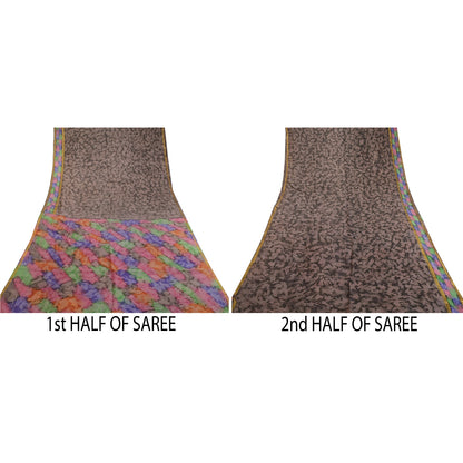 Sanskriti Vintage Sarees Gray Pure Silk Zari Border Printed Sari Craft Sustainable Fabric