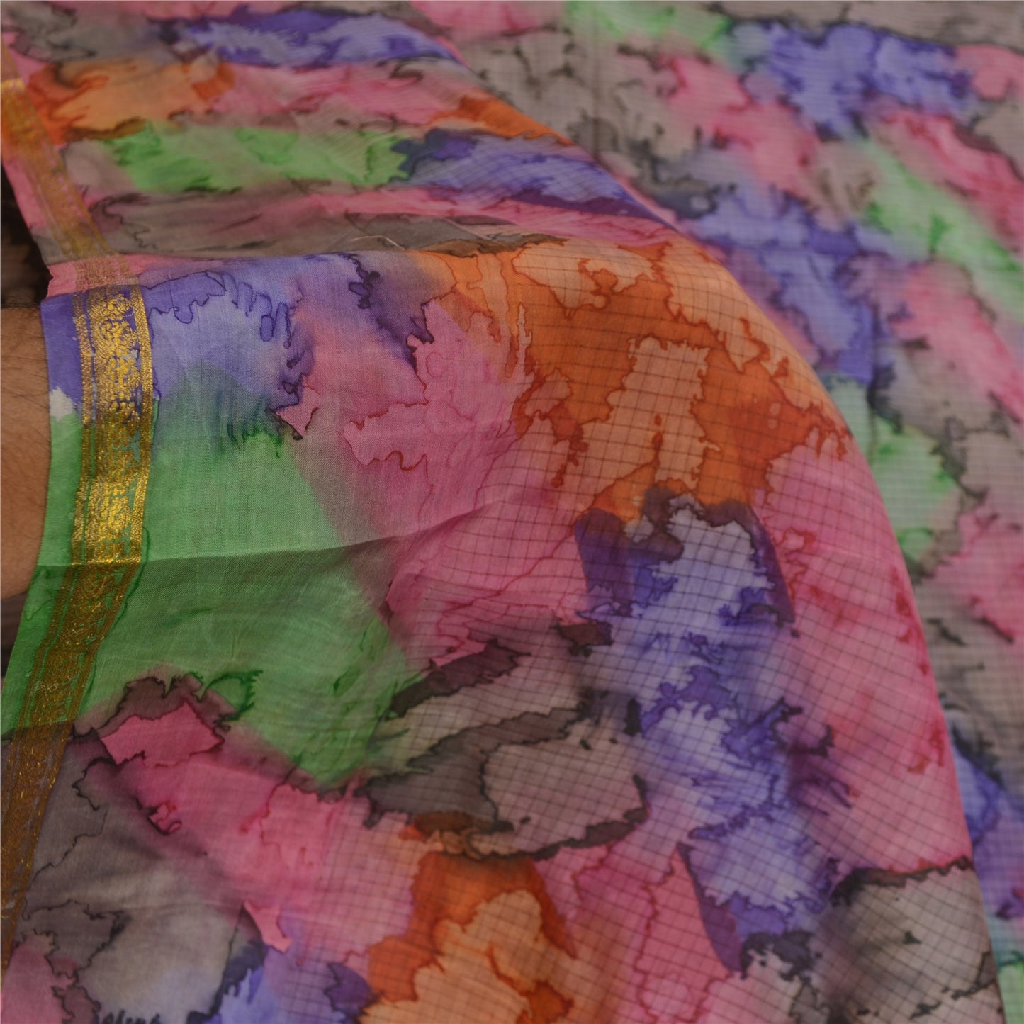 Sanskriti Vintage Sarees Gray Pure Silk Zari Border Printed Sari Craft Sustainable Fabric