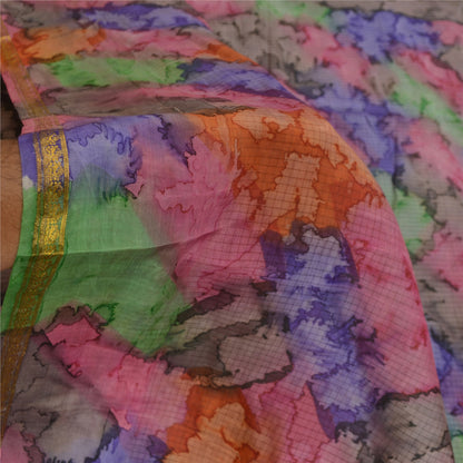 Sanskriti Vintage Sarees Gray Pure Silk Zari Border Printed Sari Craft Sustainable Fabric