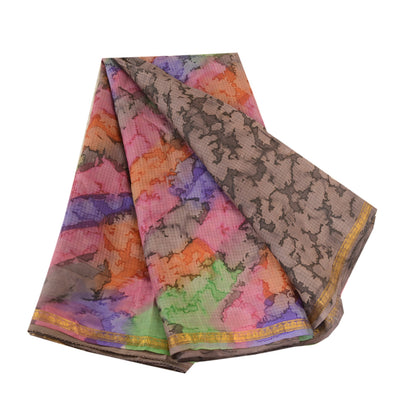 Sanskriti Vintage Sarees Gray Pure Silk Zari Border Printed Sari Craft Sustainable Fabric