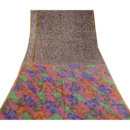 Sanskriti Vintage Sarees Gray Pure Silk Zari Border Printed Sari Craft Sustainable Fabric