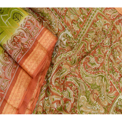 Sanskriti Vintage Sarees Women Peacock Printed Green Pure Silk Sari Craft Sustainable Fabric
