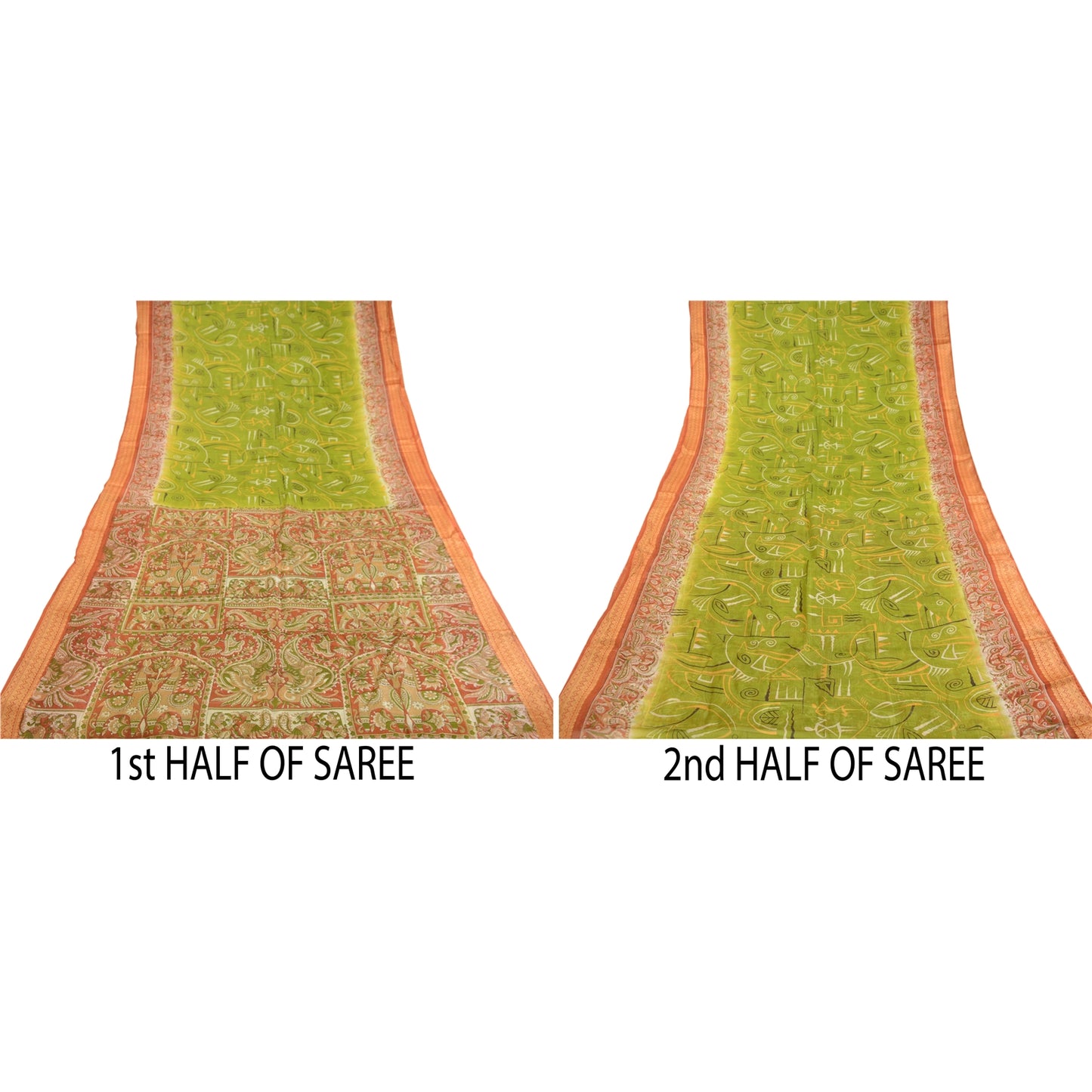 Sanskriti Vintage Sarees Women Peacock Printed Green Pure Silk Sari Craft Sustainable Fabric