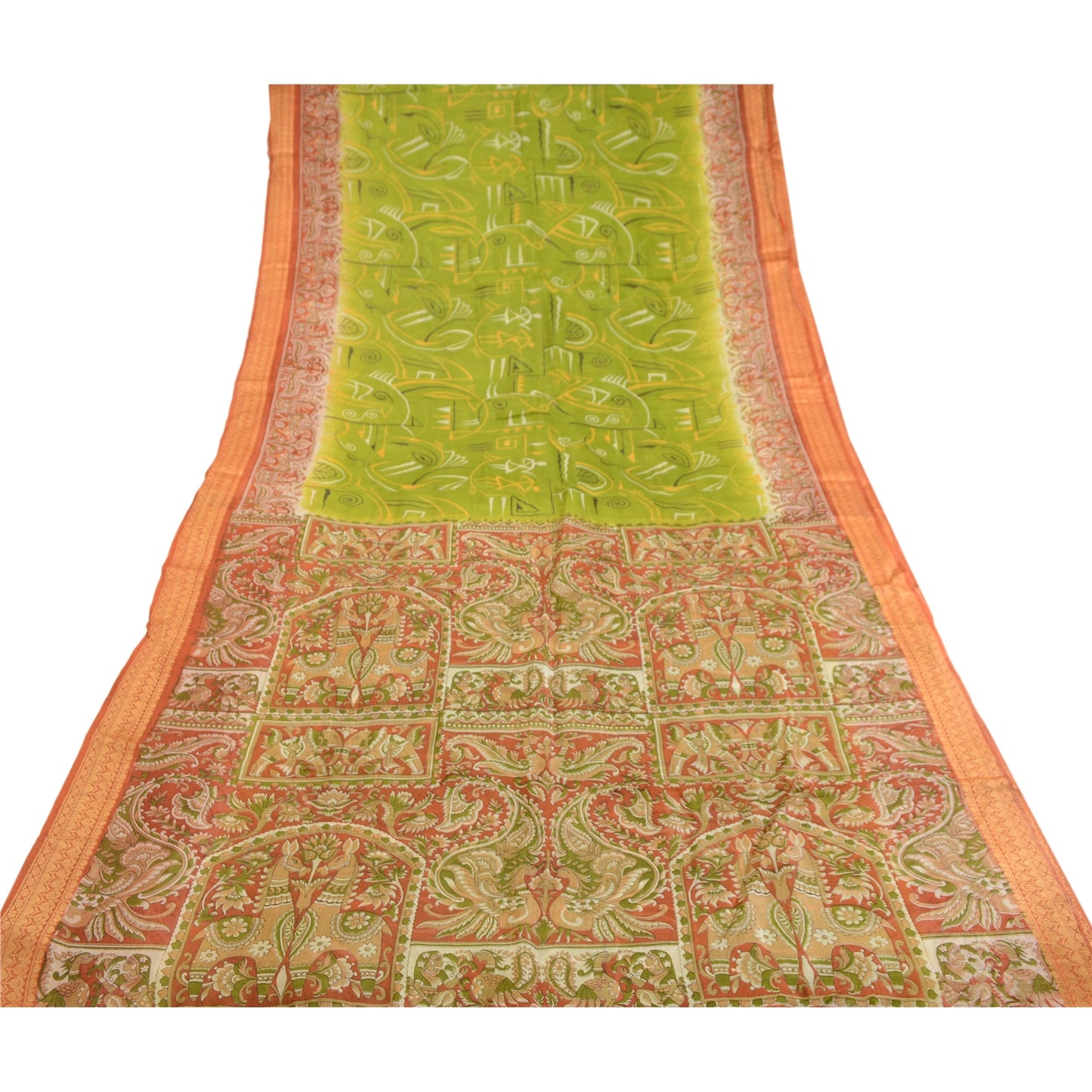 Sanskriti Vintage Sarees Women Peacock Printed Green Pure Silk Sari Craft Sustainable Fabric