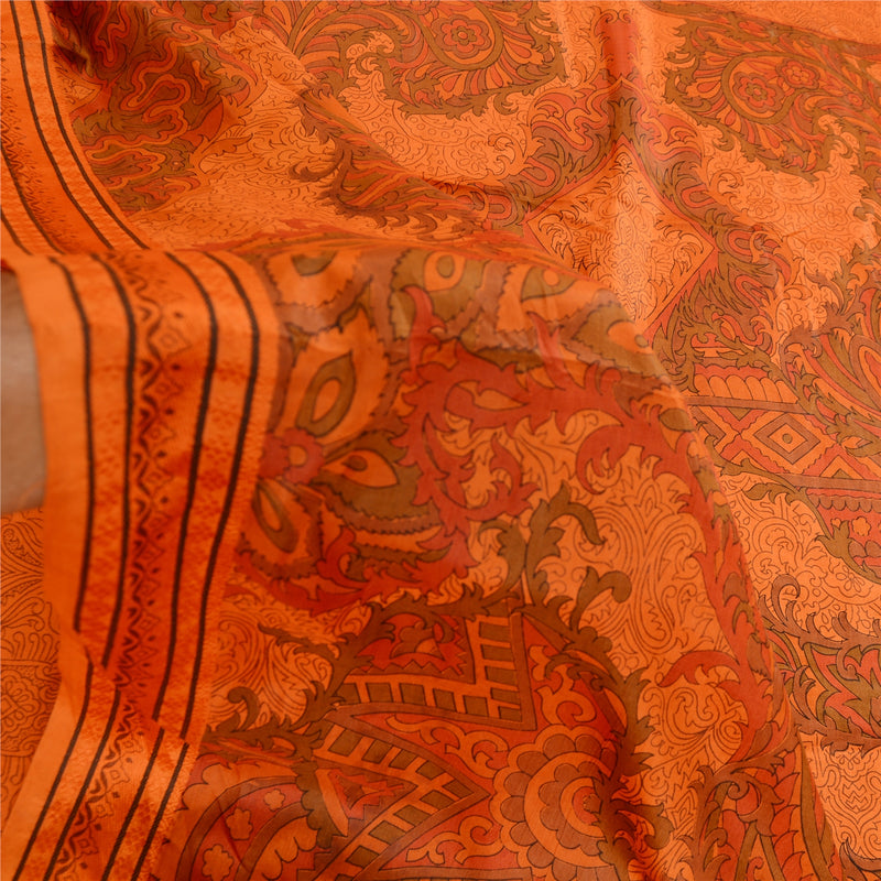 Sanskriti Vintage Sarees Orange Printed 100% Pure Silk Sari Floral Craft Sustainable Fabric