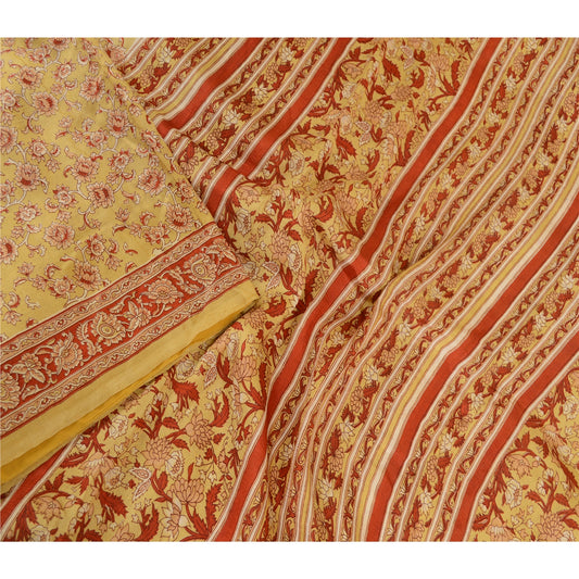 Sanskriti Vintage Sarees From India Beige Printed Pure Silk Sari Craft Sustainable Fabric