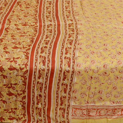 Sanskriti Vintage Sarees From India Beige Printed Pure Silk Sari Craft Sustainable Fabric