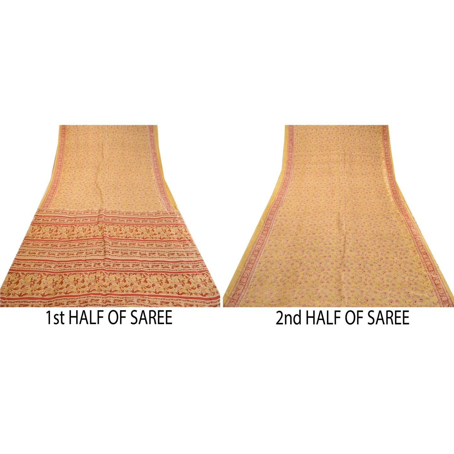 Sanskriti Vintage Sarees From India Beige Printed Pure Silk Sari Craft Sustainable Fabric