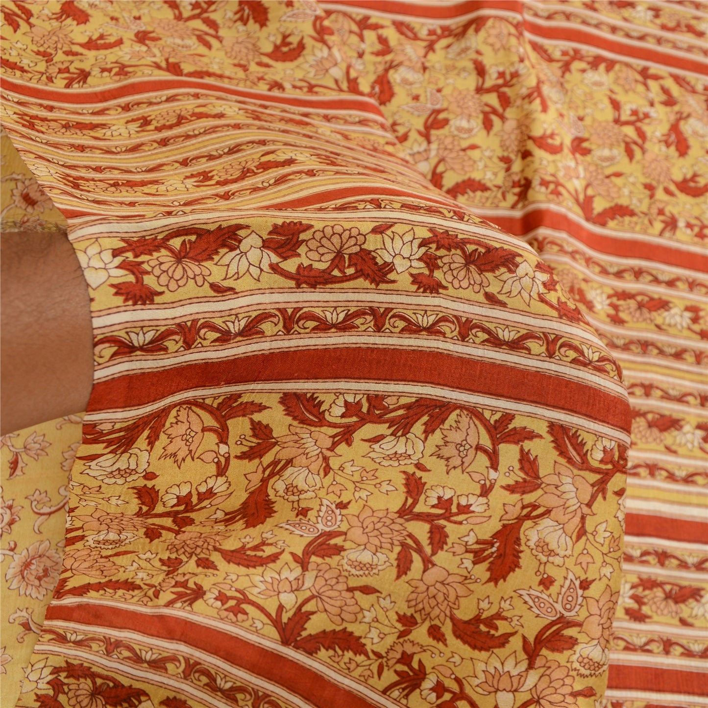 Sanskriti Vintage Sarees From India Beige Printed Pure Silk Sari Craft Sustainable Fabric