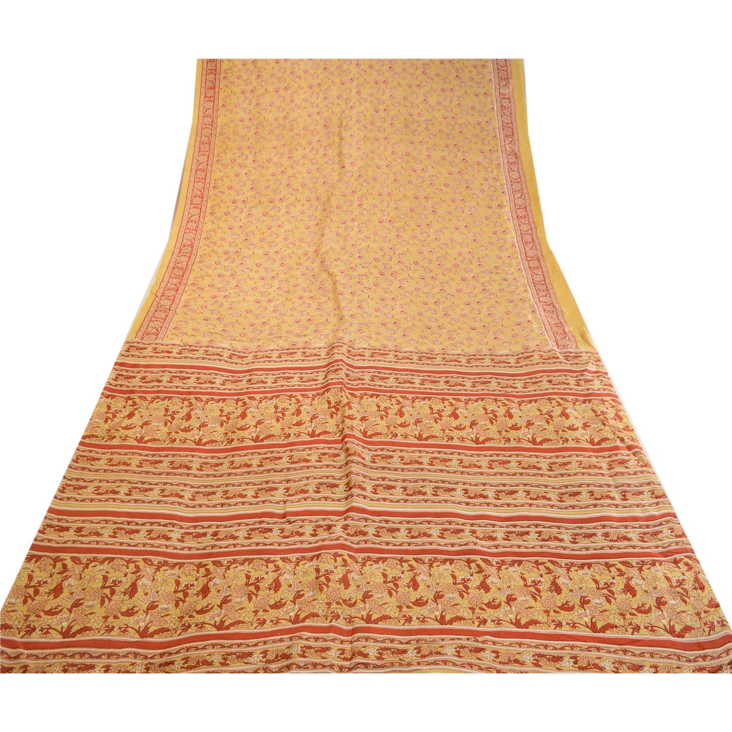 Sanskriti Vintage Sarees From India Beige Printed Pure Silk Sari Craft Sustainable Fabric