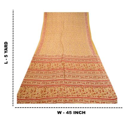 Sanskriti Vintage Sarees From India Beige Printed Pure Silk Sari Craft Sustainable Fabric