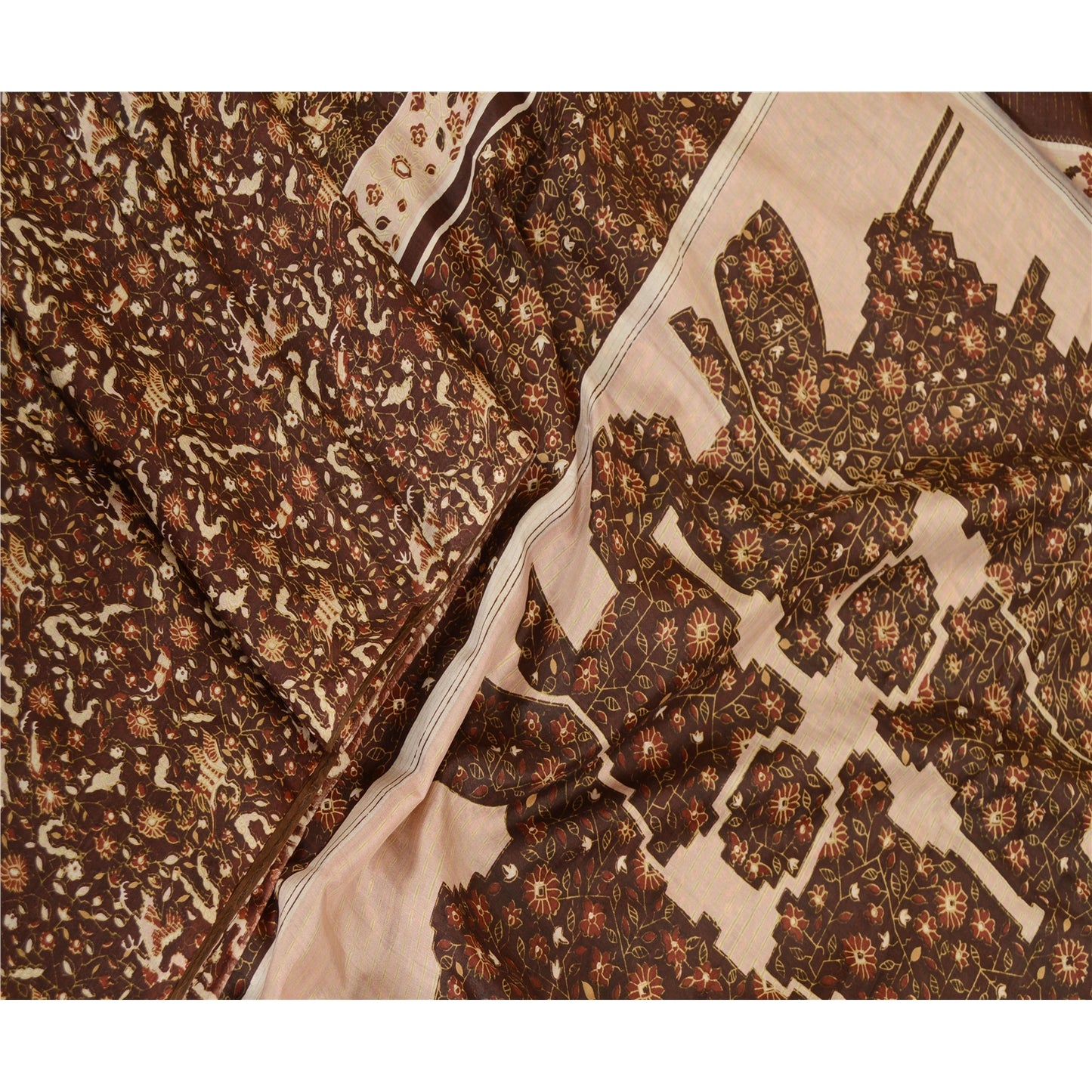 Sanskriti Vintage Sarees Brown 100% Pure Silk Printed Sari Soft 5yd Craft Sustainable Fabric