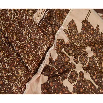 Sanskriti Vintage Sarees Brown 100% Pure Silk Printed Sari Soft 5yd Craft Sustainable Fabric