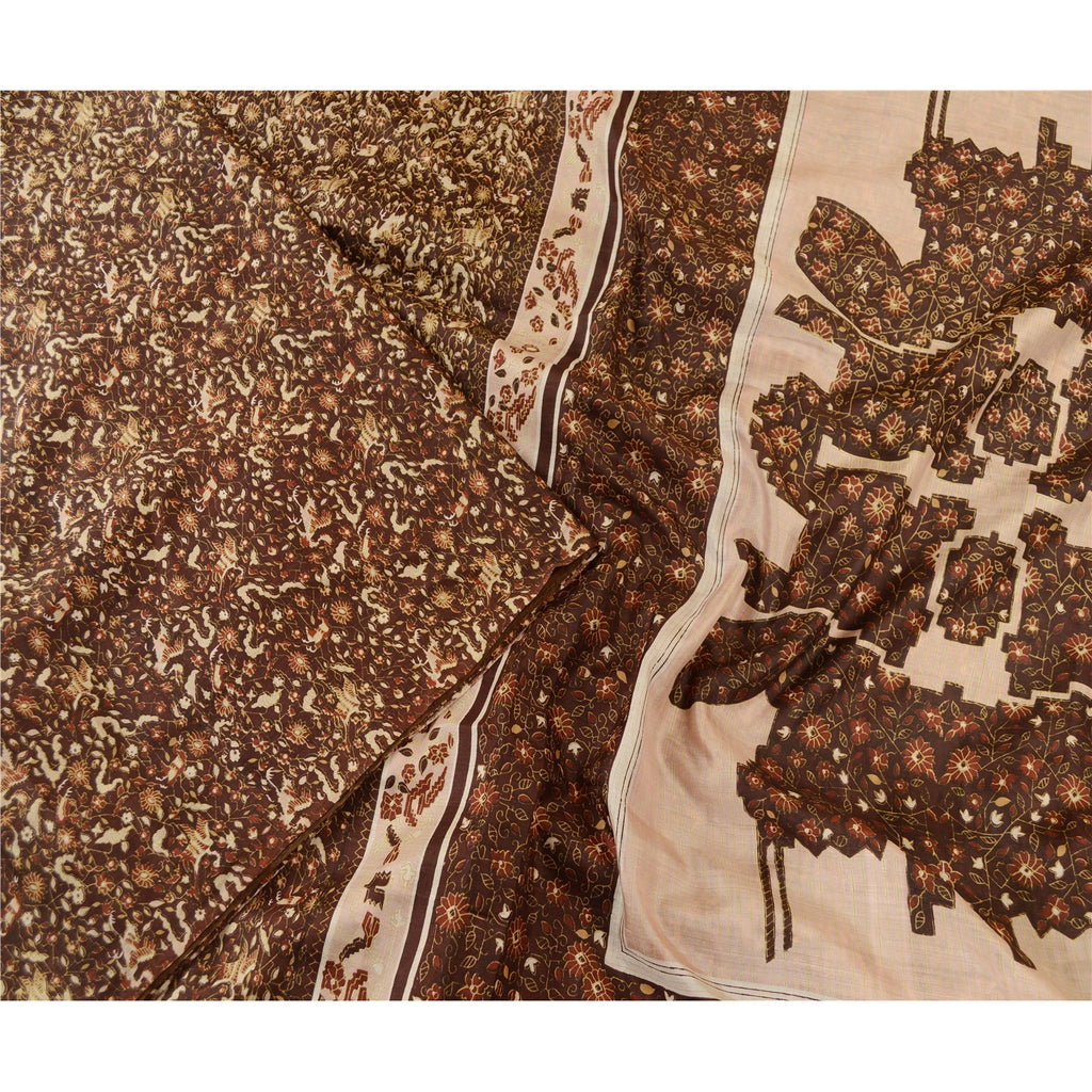 Sanskriti Vintage Sarees Brown 100% Pure Silk Printed Sari Soft 5yd Craft Sustainable Fabric