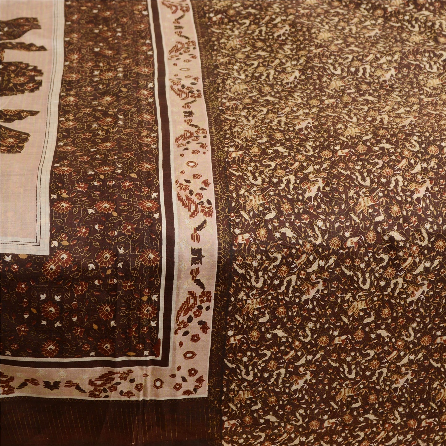 Sanskriti Vintage Sarees Brown 100% Pure Silk Printed Sari Soft 5yd Craft Sustainable Fabric