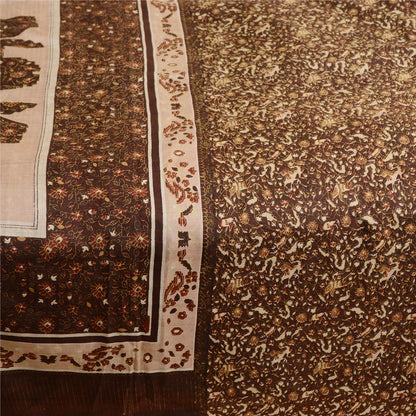 Sanskriti Vintage Sarees Brown 100% Pure Silk Printed Sari Soft 5yd Craft Sustainable Fabric