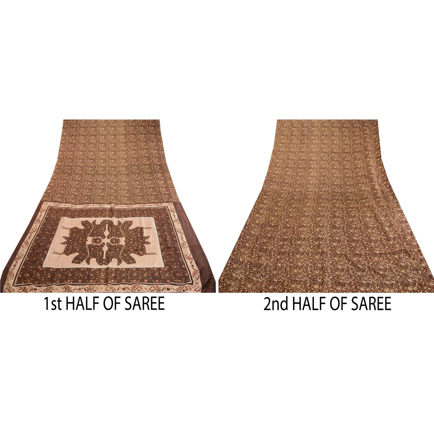 Sanskriti Vintage Sarees Brown 100% Pure Silk Printed Sari Soft 5yd Craft Sustainable Fabric