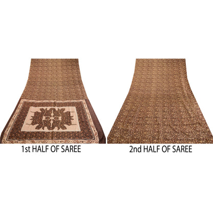Sanskriti Vintage Sarees Brown 100% Pure Silk Printed Sari Soft 5yd Craft Sustainable Fabric
