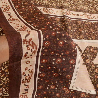 Sanskriti Vintage Sarees Brown 100% Pure Silk Printed Sari Soft 5yd Craft Sustainable Fabric
