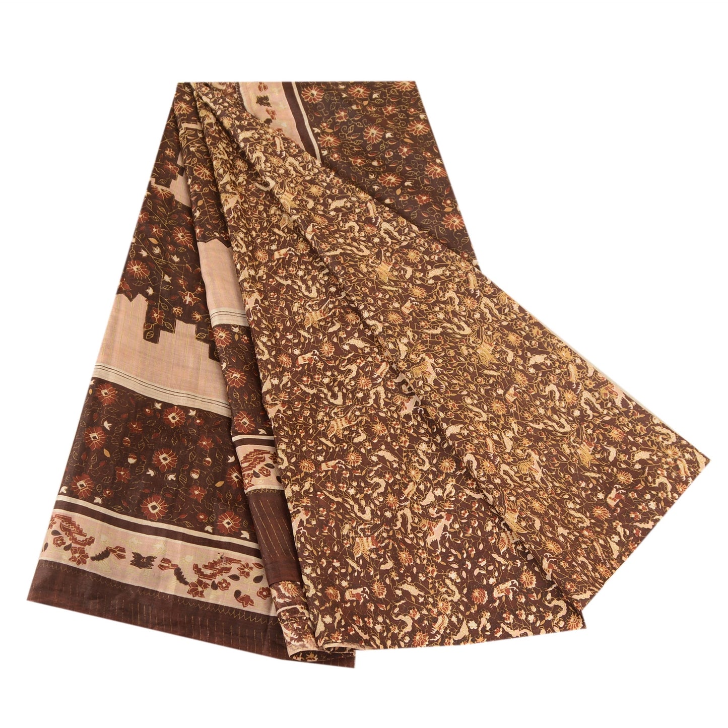 Sanskriti Vintage Sarees Brown 100% Pure Silk Printed Sari Soft 5yd Craft Sustainable Fabric