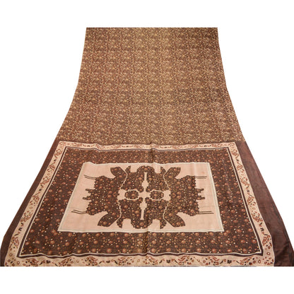 Sanskriti Vintage Sarees Brown 100% Pure Silk Printed Sari Soft 5yd Craft Sustainable Fabric