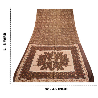 Sanskriti Vintage Sarees Brown 100% Pure Silk Printed Sari Soft 5yd Craft Sustainable Fabric