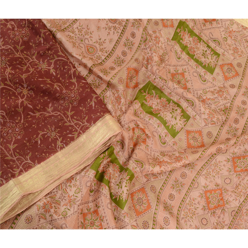 Sanskriti Vintage Sarees Dark Red Indian Print Zari Border Pure Silk Sari Sustainable Fabric