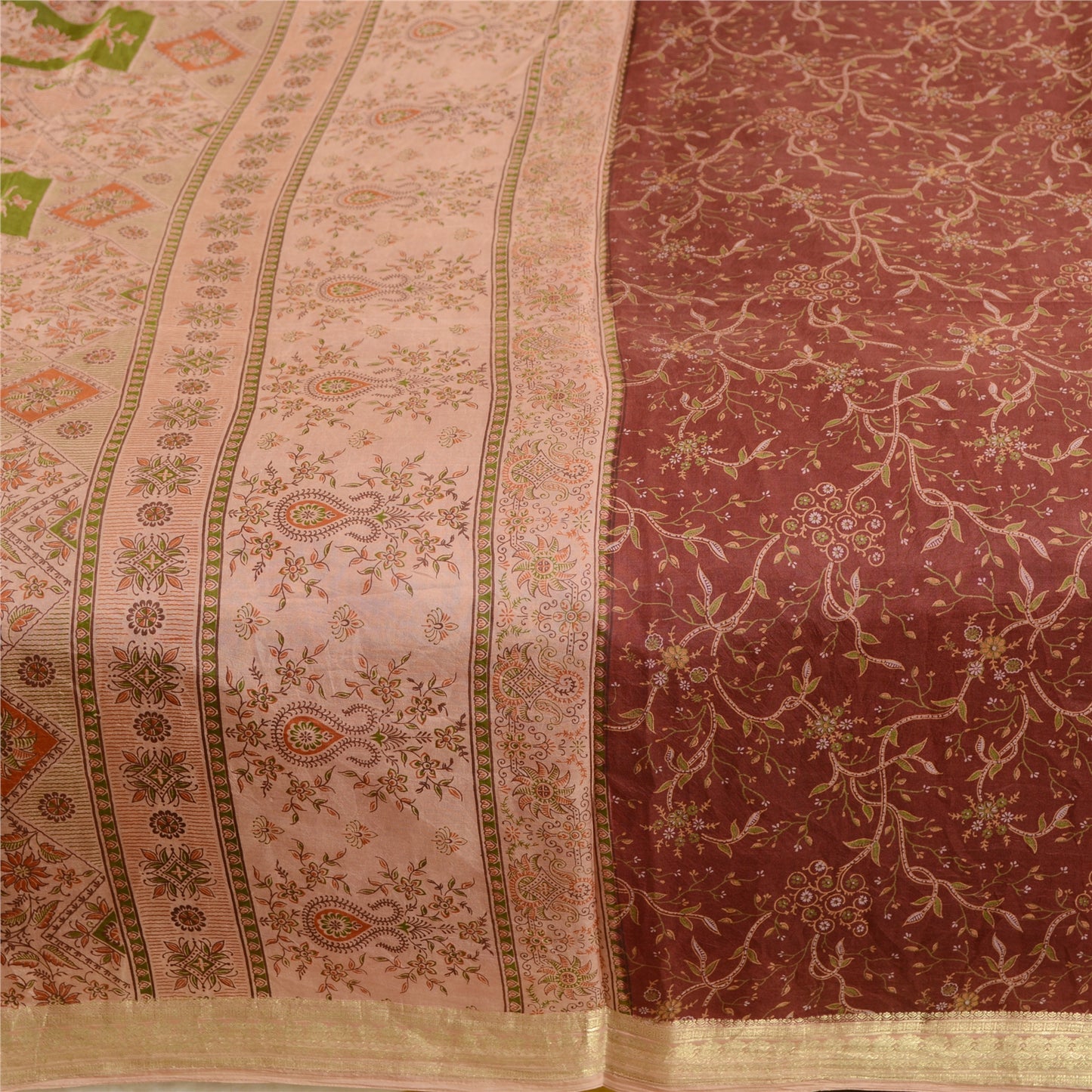 Sanskriti Vintage Sarees Dark Red Indian Print Zari Border Pure Silk Sari Sustainable Fabric