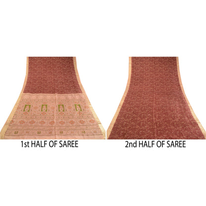 Sanskriti Vintage Sarees Dark Red Indian Print Zari Border Pure Silk Sari Sustainable Fabric