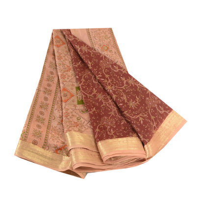 Sanskriti Vintage Sarees Dark Red Indian Print Zari Border Pure Silk Sari Sustainable Fabric