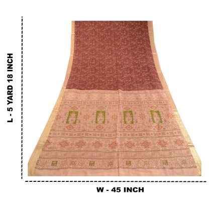 Sanskriti Vintage Sarees Dark Red Indian Print Zari Border Pure Silk Sari Sustainable Fabric