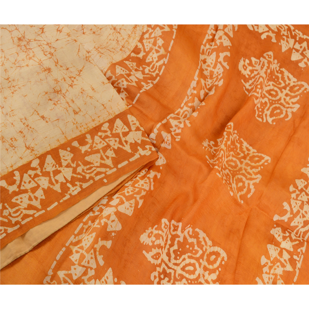 Sanskriti Vintage Sarees Indian Cream Batik Printed Pure Silk Sari Craft Fabric
