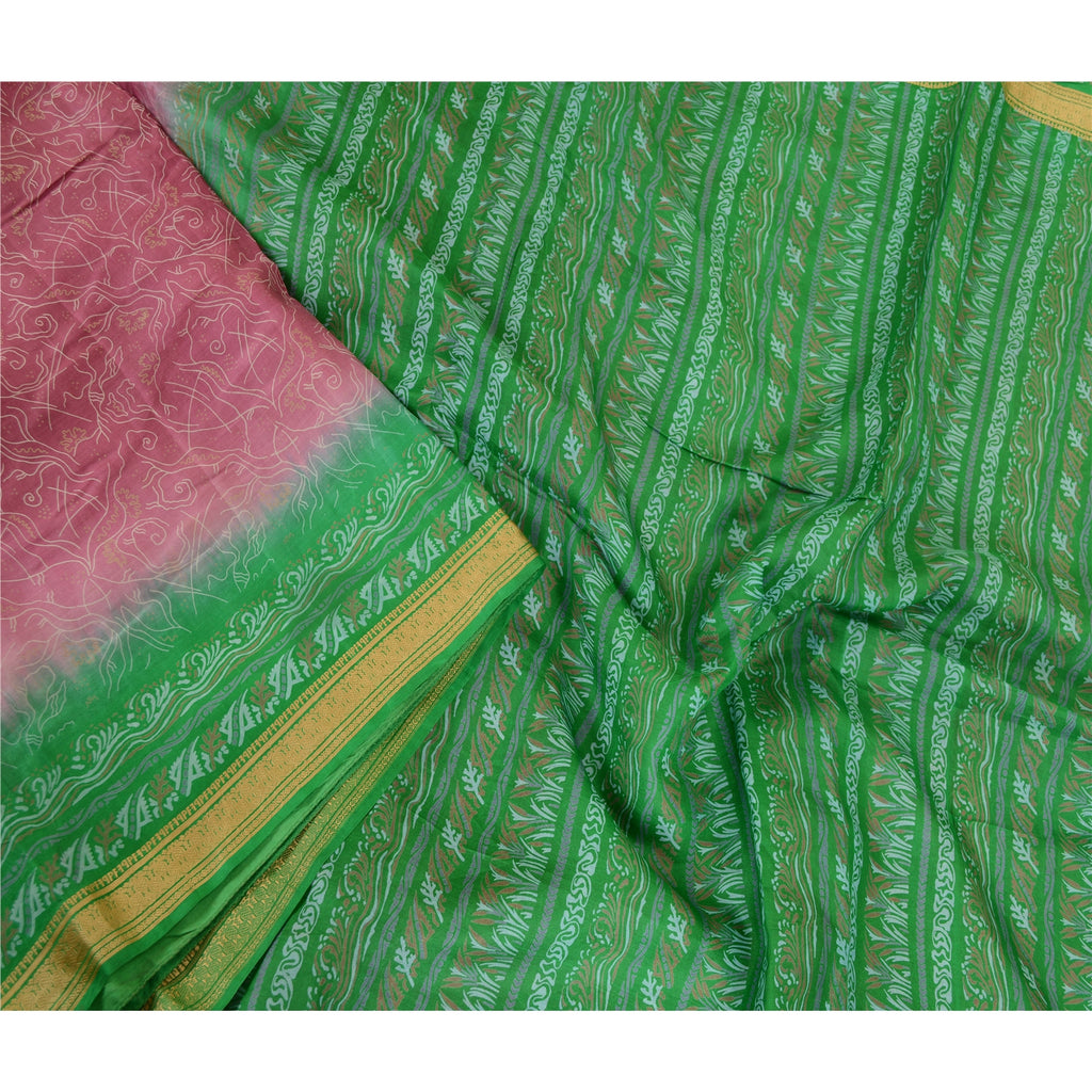 Sanskriti Vintage Sarees Purple Printed Pure Silk Sari Floral 5yd Craft Sustainable Fabric