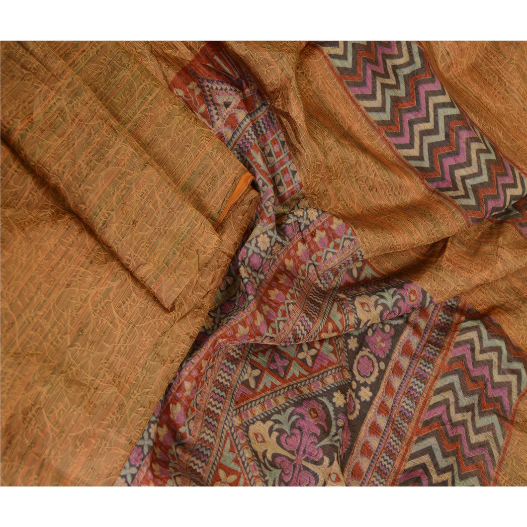 Sanskriti Vintage Sarees Brown 100% Pure Silk Printed Sari Floral Craft Fabric