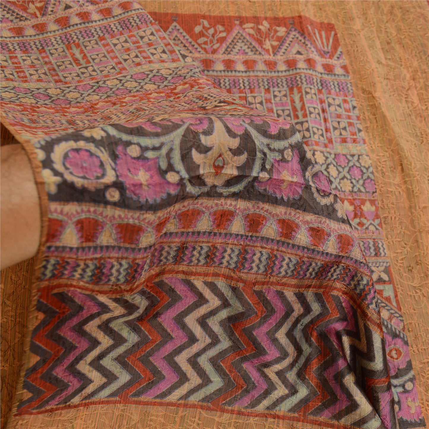 Sanskriti Vintage Sarees Brown 100% Pure Silk Printed Sari Floral Craft Sustainable Fabric